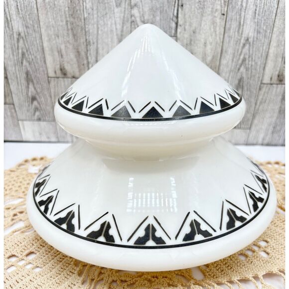 Vintage Art Deco Milk Glass Ceiling Fixture Black White Atomic - Picture 1 of 9